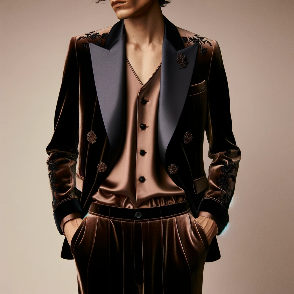 Dall·e . . a Chic and Androgynous Party Outfit Featuring a Luxurious Velvet Suit with Satin Lapels and Embelli