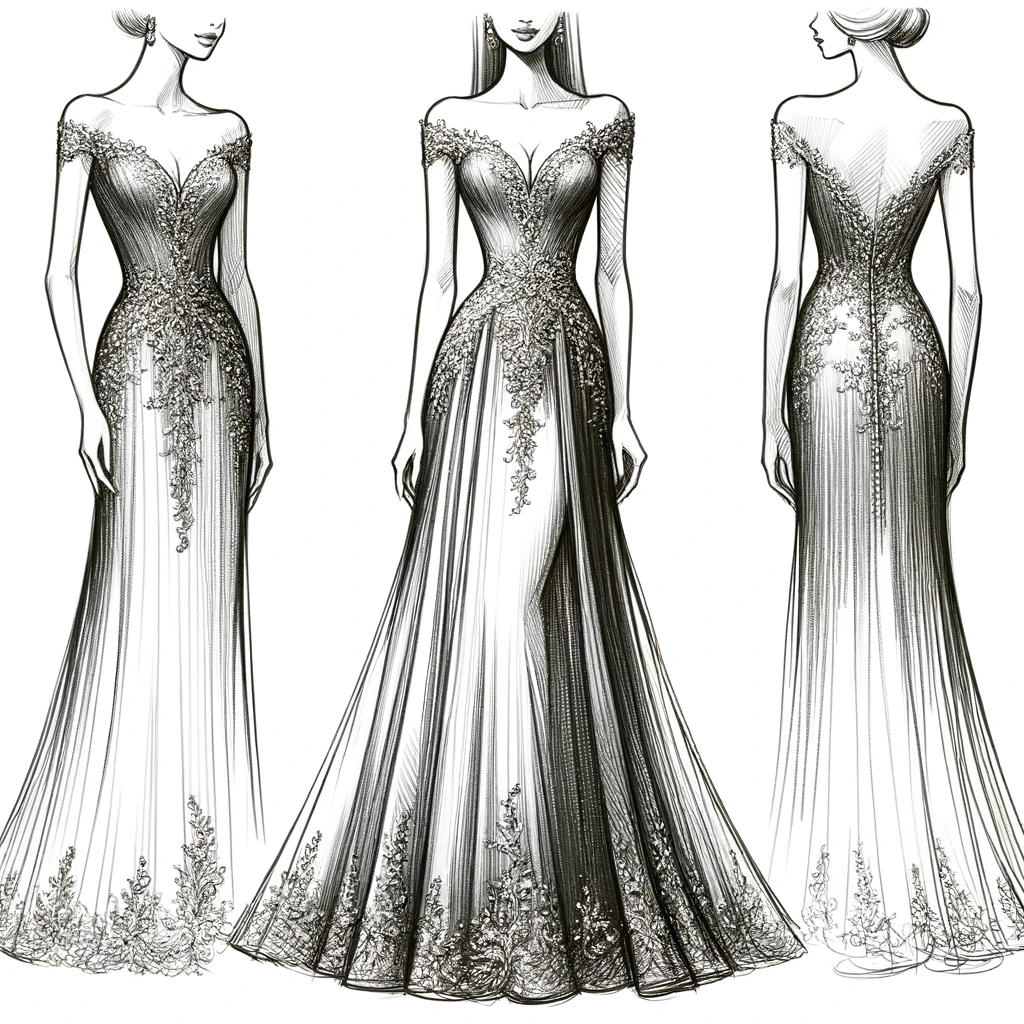 Dall·e . . Sketch of an Elegant Evening Gown Floor Length with a Fitted Bodice Intricate Beadwork and Lace D