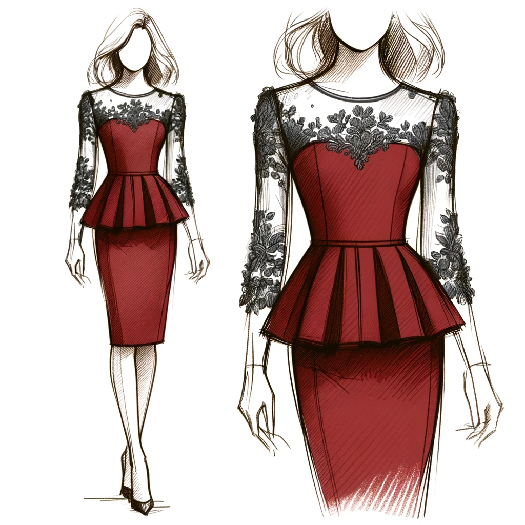 Dall·e . . Sketch of a Stylish Knee Length Cocktail Dress Featuring a Bold Color Fitted Silhouette Peplum