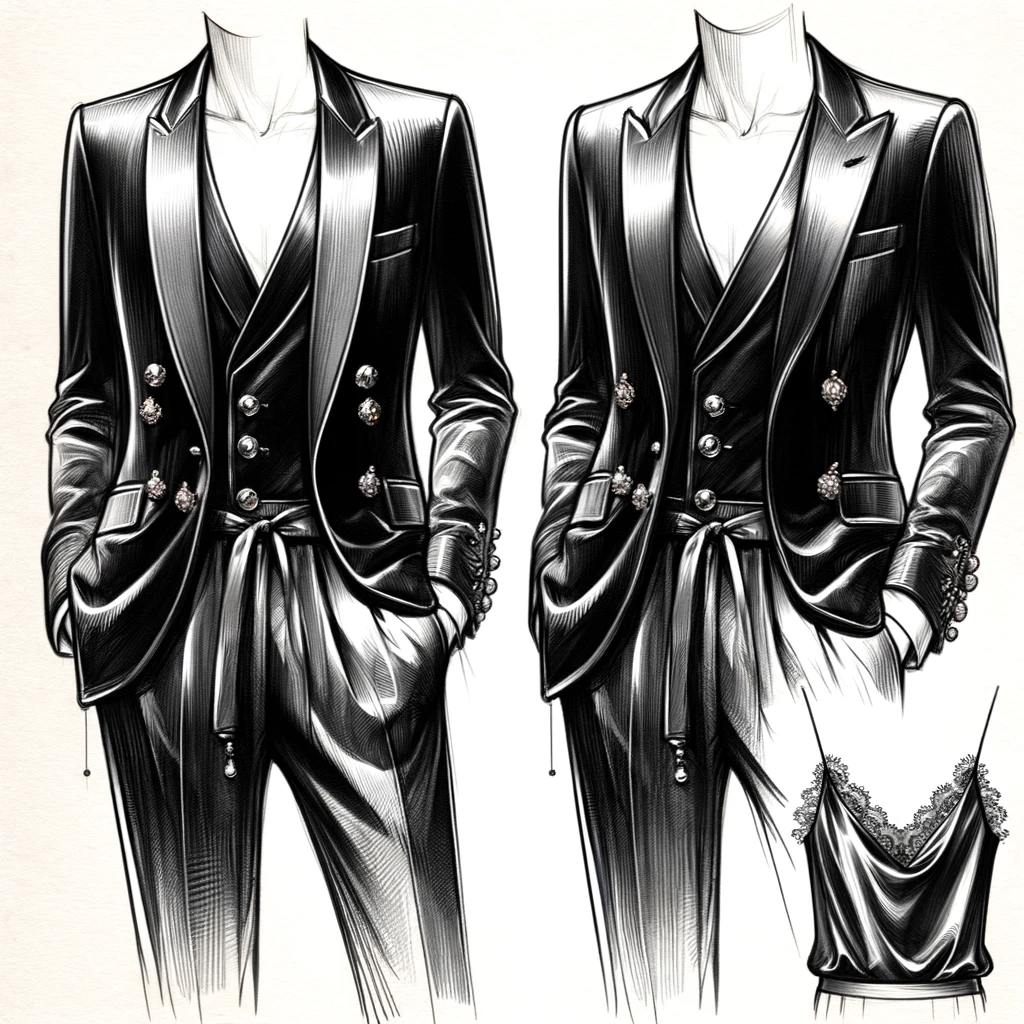 Dall·e . . Sketch of a Chic and Androgynous Party Outfit Featuring a Luxurious Velvet Suit with Satin Lapels a