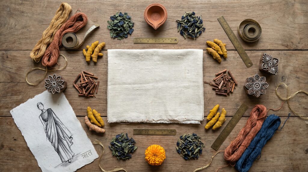 Flat lay composition of Indian fashion design elements including khadi fabric, natural dyes, wooden block printing stamps and zari threads representing IKS principles in textile education