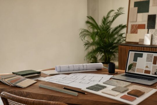 Interior design course fees in India 2026 guide showing design plans, material samples and digital learning tools