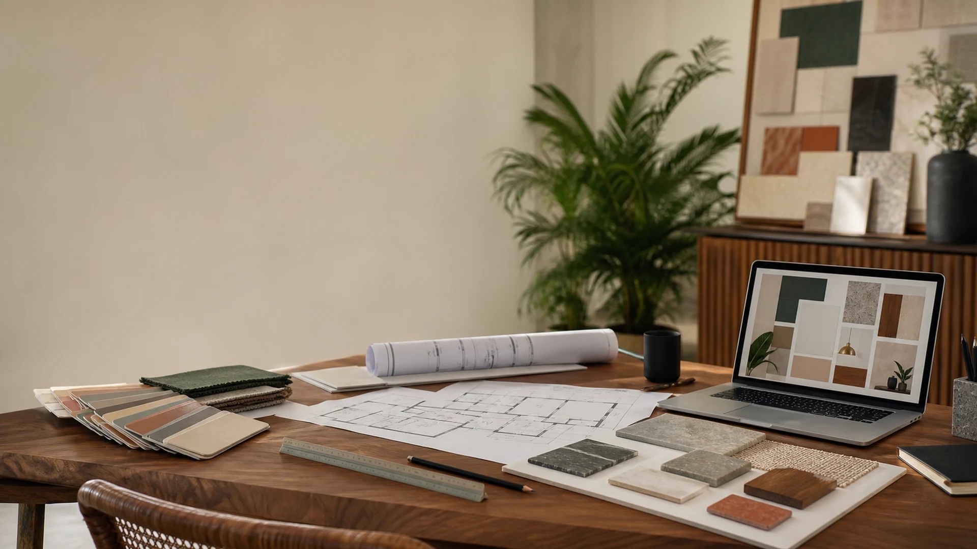 Interior design course fees in India 2026 guide showing design plans, material samples and digital learning tools