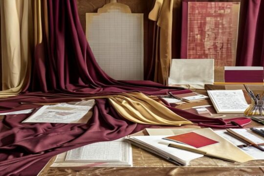 Indian fashion design workspace with fabrics, sketches and colour swatches