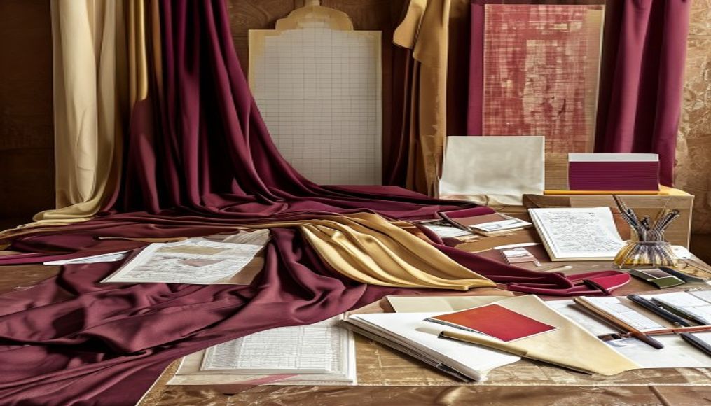 Indian fashion design workspace with fabrics, sketches and colour swatches