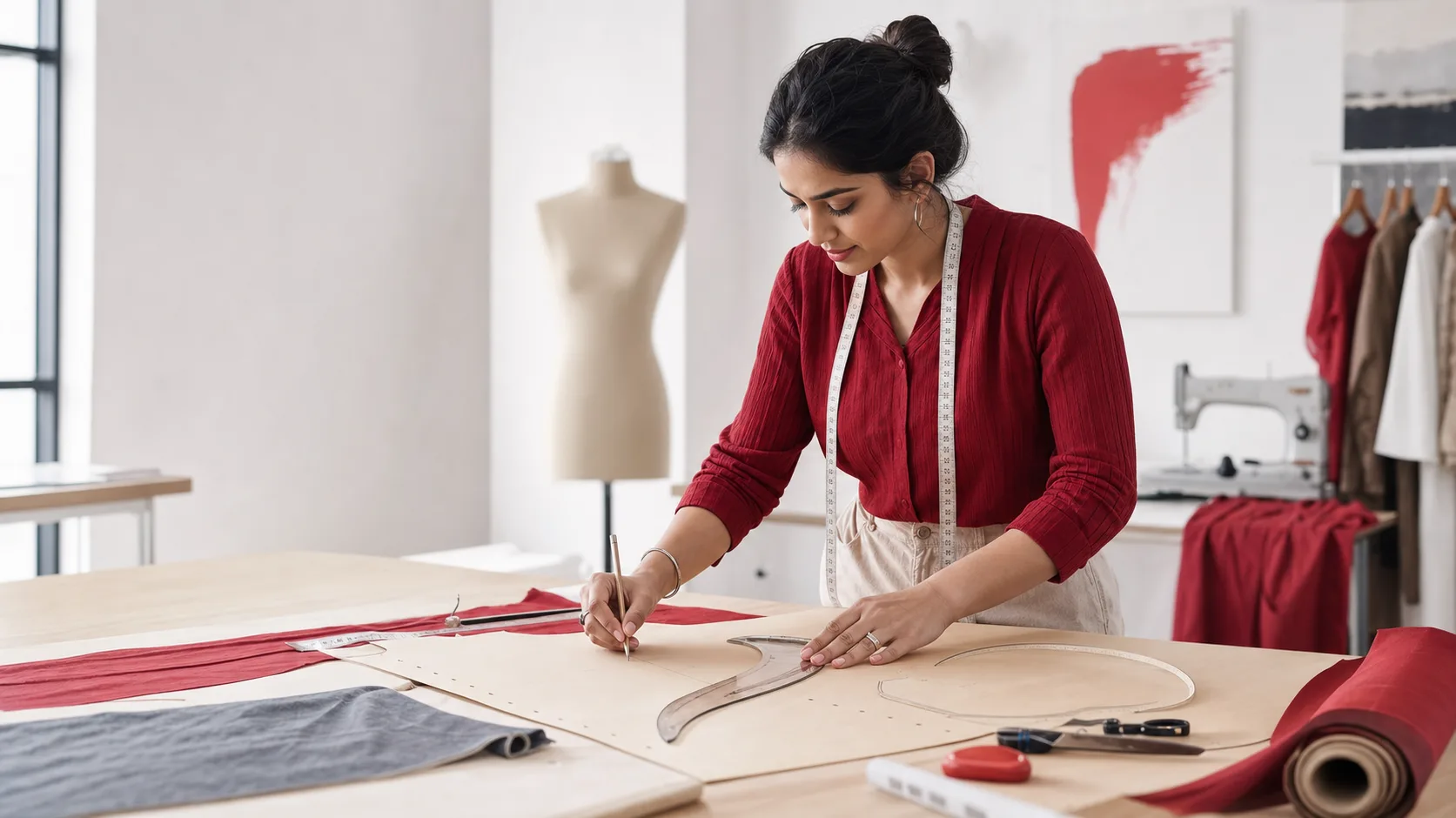 Fashion learner drafting a bodice pattern with rulers and fabric