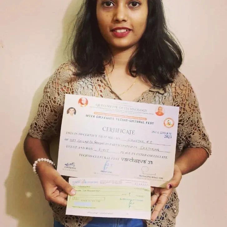 Shwetha RS from BSc 1st year won 1st place in inter college competition in sketching in SJP Institute of Technology.
